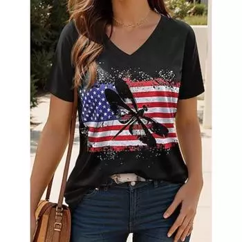 Женская футболка с графическим флагом, стильная повседневная, с коротким рукавом, с V-образным вырезом, обычные топы, повседневный принт, лето S