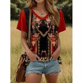 Женская футболка с графическим геометрическим рисунком, растениями, стильная повседневная, с коротким рукавом, с V-образным вырезом, обычные топы, лето-весна S