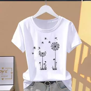 Женская футболка с графическим принтом азиатского размера, женская футболка с одуванчиком, трендовая одежда 90-х годов, повседневная женская летняя футболка, модная футболка с коротким рукавом S