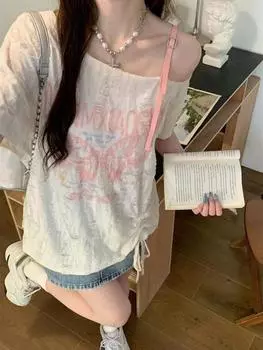 Женская футболка с графическим принтом Harajuku Y2k O-образный вырез Футболки Топ Винтажные эстетичные футболки большого размера с коротким рукавом Модная одежда 2000-х годов XXXL розовый