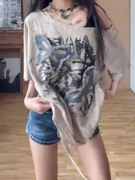Женская футболка с графическим принтом Harajuku Y2k Tee Top Vintage Elegant Aesthetic Oversize Short Sleeve T Shirt 2000s Clothes Summer XXXL хаки
