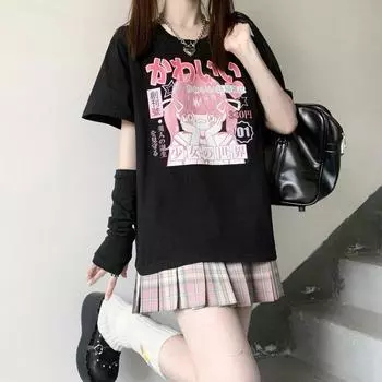 Женская футболка с графическим принтом Kawaii, японская хлопковая футболка, манга, аниме, Harajuku, топ, свободная одежда y2k, большие размеры, гранж, эстетика M чёрный