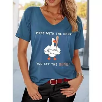 Женская футболка с графическим принтом животных и буквами, стильная повседневная, с коротким рукавом и V-образным вырезом, обычные топы, повседневный принт, лето S