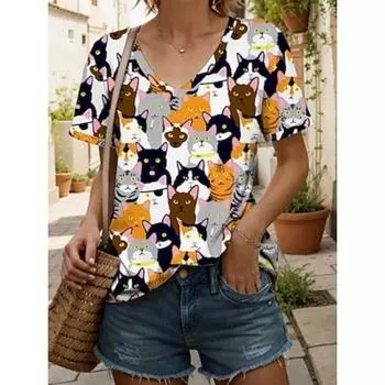 Женская футболка с графическим рисунком кошки, винтажная, стильная, классическая, с коротким рукавом, с V-образным вырезом, обычные топы, повседневный принт, лето-весна S