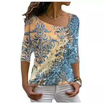 Женская футболка с характерным диагональным вырезом и нерегулярным цветочным принтом, цифровая 3D-печать, женская одежда, модная уличная женская футболка в стиле Харадзюку 5XL