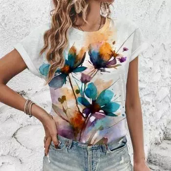 Женская футболка с художественным принтом и цветочным узором, модная женская футболка с короткими рукавами, лето 2024, футболка для отдыха S