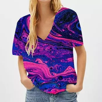 Женская футболка с художественными картинами и 3D-принтом, летняя мода, повседневная Harajuku, с коротким рукавом, Femme, уличные футболки с V-образным вырезом, женские топы XS чёрный