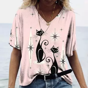Женская футболка с изображением кота, одежда с принтом, v-образный вырез, короткий рукав, уличная одежда большого размера, повседневные базовые топы, футболка S