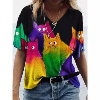Женская футболка с изображением котенка в стиле ретро в стиле Харадзюку, одежда для девочек, хлопковые футболки с v-образным вырезом и короткими рукавами, модная уличная блузка 2023 года с 3D принтом XXS