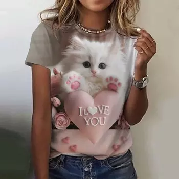 Женская футболка с изображением милого кота в виде животного с 3D-принтом, футболка большого размера, летняя мода, новая женская одежда 2000 года, женские топы, футболки для девочек S