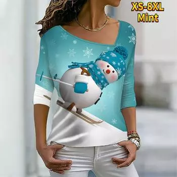 Женская футболка с изображением рождественского снеговика на лыжах, блестящая картина, свитшот с V-образным вырезом, активная уличная одежда, абстрактная графика, XS-8XL S
