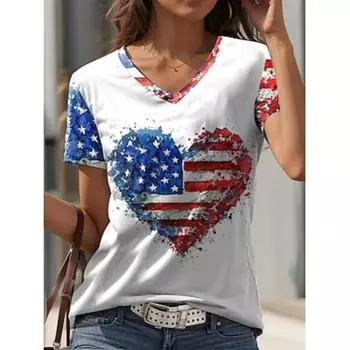 Женская футболка с изображением сердца в стиле «Валентин» Повседневная футболка с флагом, стандартные топы с коротким рукавом, V-образным вырезом, с принтом, стандартный крой, повседневная белая летняя S