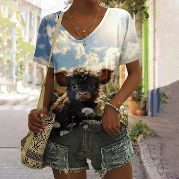 Женская футболка с изображением животных, летняя повседневная футболка с короткими рукавами, милый топ с принтом теленка, уличная мода с 3d принтом, женская одежда в стиле Харадзюку с v-образным вырезом L