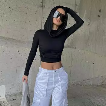 Женская футболка с капюшоном и длинным рукавом, модная футболка с воротником-стойкой на весну и осень, укороченные топы, сексуальные облегающие короткие футболки, повседневная облегающая футболка для уличных девушек Y2K 2445 S чёрный