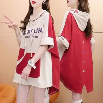 Женская футболка с капюшоном и контрастной задней панелью, летняя, свободная, длинная XXL