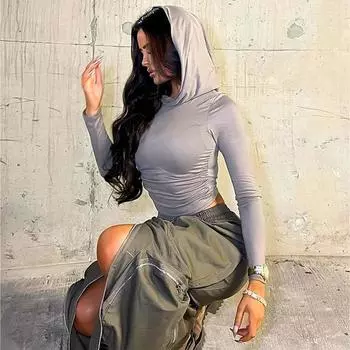 Женская футболка с капюшоном Inwomen, осенне-зимняя футболка с длинными рукавами и пупком L чёрный