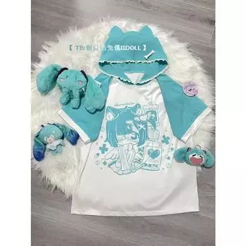 Женская футболка с капюшоном, летняя футболка с короткими рукавами и мультяшным графическим принтом, одежда y2k, топ в стиле аниме, японский студенческий топ L