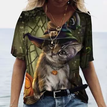 Женская футболка с классическим рисунком кошки, удобные топы с круглым вырезом, летние футболки для отдыха, свободная дышащая одежда с коротким рукавом S
