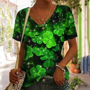 Женская футболка с клевером, футболка с 3D принтом, женские модные футболки с v-образным вырезом, топы с короткими рукавами, футболки, топы ко Дню Святого Патрика, женские футболки Camisetas XL