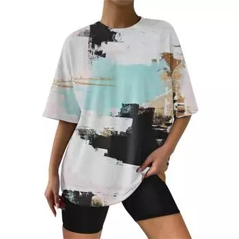 Женская футболка с контрастным граффити, цифровой 3D принт, модный тренд, тонкий светильник с круглым вырезом, одежда с короткими рукавами, летний пуловер для отдыха S