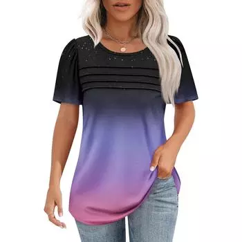 Женская футболка с коротким рукавом, элегантная повседневная рубашка, весенне-летний наряд, струящиеся плиссированные топы с круглым вырезом спереди, летние топы L чёрный