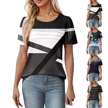 Женская футболка с коротким рукавом, элегантная повседневная рубашка, весенне-летний наряд, струящиеся плиссированные топы с круглым вырезом спереди, летние топы L чёрный