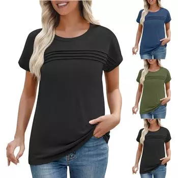 Женская футболка с коротким рукавом, элегантная повседневная рубашка, весенне-летний наряд, струящиеся плиссированные топы с круглым вырезом спереди, летние топы L армия зеленый