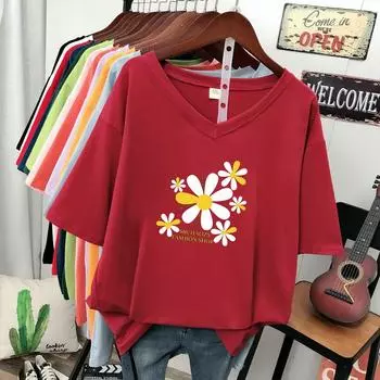 Женская футболка с коротким рукавом, большого размера, свободная и стройнящая, топ с V-образным вырезом с принтом S