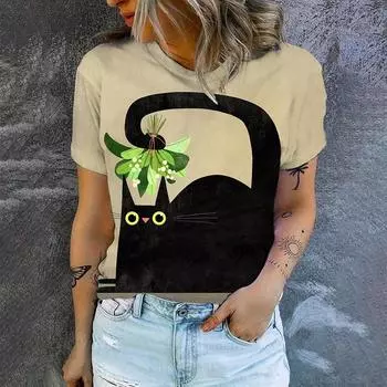 Женская футболка с коротким рукавом для отдыха, модная футболка с принтом в виде мультяшного кота, популярная летняя женская футболка с круглым вырезом 2024 года XXS