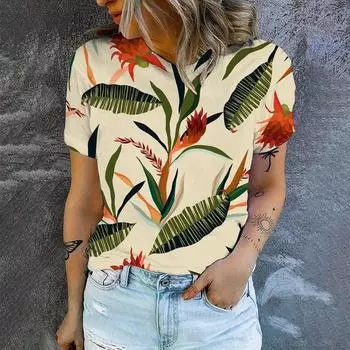 Женская футболка с коротким рукавом для отдыха, модная футболка с цветочным принтом в стиле ретро, лето 2024, популярная женская футболка с круглым вырезом S