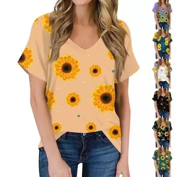 Женская футболка с коротким рукавом и цветочным принтом подсолнечника, топ L чёрный