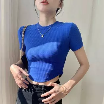Женская футболка с коротким рукавом и круглым вырезом, тонкая базовая футболка с высокой талией и нестандартной талией, новый модный укороченный топ, универсальный топ, одежда Y2K S синий