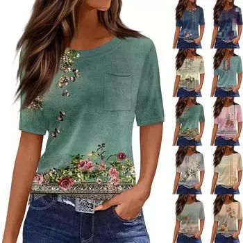 Женская футболка с коротким рукавом и круглым вырезом, карманом и винтажным цветочным принтом L чёрный