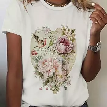 Женская футболка с коротким рукавом и принтом в виде птицы ко Дню святого Валентина и цветов S