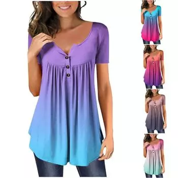 Женская футболка с коротким рукавом и v-образным вырезом с градиентным принтом и пуговицами, топ XXL