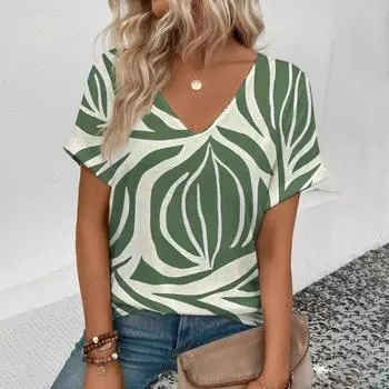 Женская футболка с коротким рукавом и V-образным вырезом Футболка с геометрическим принтом Футболка с коротким рукавом Модная летняя женская футболка для отдыха S