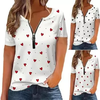 Женская футболка с коротким рукавом и V-образным вырезом на молнии с принтом в виде сердца, большого размера 4XL чёрный