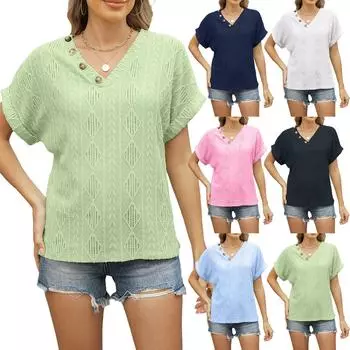 Женская футболка с коротким рукавом и V-образным вырезом на пуговицах, свободный ажурный топ L чёрный