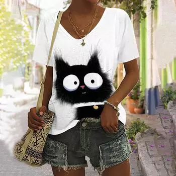Женская футболка с коротким рукавом и V-образным вырезом, свободная повседневная футболка с милым цифровым принтом в виде 3D-мультяшного персонажа S