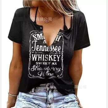 Женская футболка с коротким рукавом и V-образным вырезом с забавным буквенным принтом S чёрный