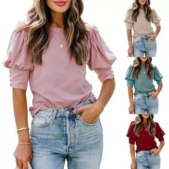 Женская футболка с коротким рукавом, круглым вырезом, однотонный пуловер на пуговицах, блузка, повседневная майка S чёрный