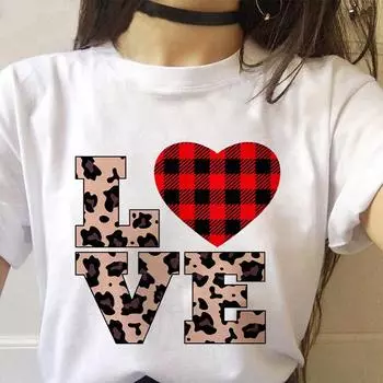 Женская футболка с коротким рукавом, леопардовая решетка Love, свободная универсальная летняя одежда с принтом Harajuku, корейская женская футболка для отдыха XL