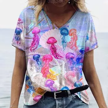 Женская футболка с коротким рукавом, летние женские футболки, одежда большого размера с принтом морской жизни, свободные топы с v-образным вырезом, футболка, уличная одежда M
