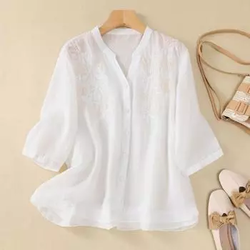 Женская футболка с коротким рукавом, летняя, из хлопка и льна, повседневная, с V-образным вырезом, вышитая блузка L розовый