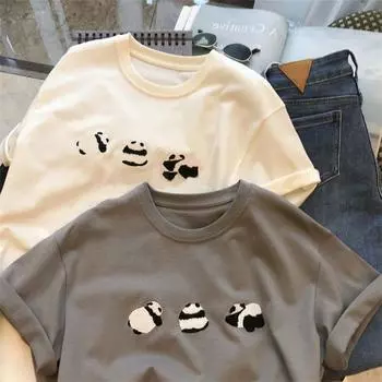 Женская футболка с коротким рукавом, летняя модная хлопковая футболка с вышивкой панды, женские повседневные свободные дизайнерские топы, японский Y2k Kawaii XL абрикосовый