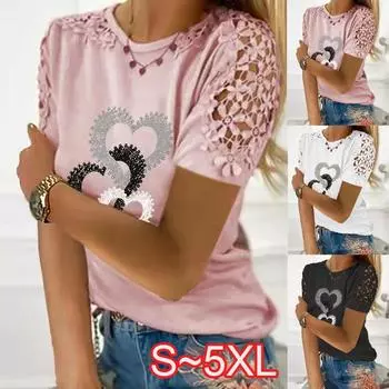 Женская футболка с коротким рукавом размера плюс S-5XL, топы, футболка, женская летняя свободная кружевная блузка S белый