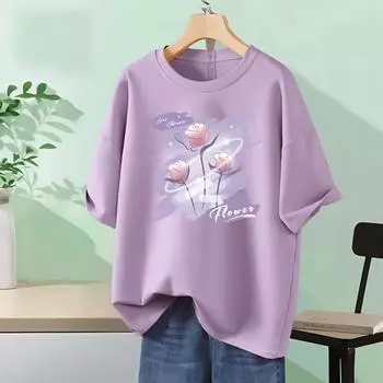 Женская футболка с коротким рукавом с цветочным принтом, высококачественный чистый хлопок, свободный повседневный свитер с круглым вырезом, базовые топы, летние размеры S-5XL S