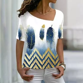Женская футболка с коротким рукавом с наклонным вырезом и принтом перьев, модные топы с короткими рукавами, летняя женская одежда больших размеров, футболки в стиле Харадзюку 5XL
