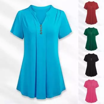 Женская футболка с коротким рукавом с v-образным вырезом и пуговицами, однотонная, трапециевидная, на каждый день 2XL темно-зеленого