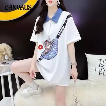 Женская футболка с коротким рукавом, женский летний длинный свободный повседневный топ с воротником-поло M белый